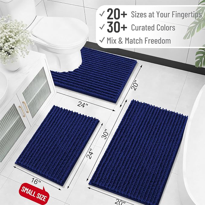 OLANLY Small Bathroom Rugs 24x16, Thick Soft Absorbent Chenille Bath Rugs | Navy Blue, Shaggy Bath Mat with Quick-Drying Rubber Backing, Washable for Floor, Tub and Shower, Home Decor Accessories