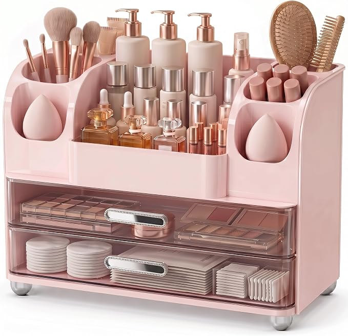 Large Makeup Organizer Countertop for Vanity Skincare Organizers | Waterproof Perfumes Organizers with 2 Drawers and Brushes Holders, Cosmetic Storage for Lipsticks,Eyeshadow Palettes, Pink