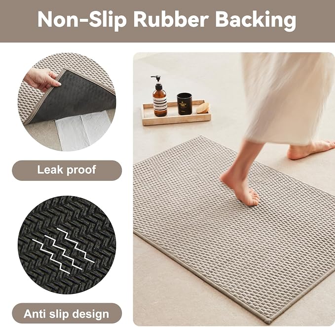 Triohero Bathroom Rugs Non Slip Washable, Super Absorbent Thin Bath Mat Quick Dry Low Pile Bathroom Rug, Beige 24"x36"