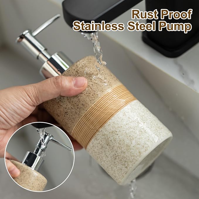 Ceramic Kitchen Dish Soap Dispenser Set with Stainless Steel Pump | Refillable Hand Soap, Shampoo and Conditioner, Body Wash, Lotion Dispenser | for Kitchen and Bathroom Counter Non Slip, 12 Oz