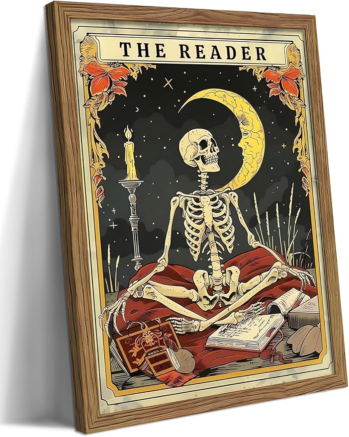 Framed The Reader Tarot Canvas Wall Art, Skeleton Reader Tarot Card Pictures Wall Decor, Bookish Witchy Library Poster Print Artwork for Witchy Reading Nook Book Lover Gift 12x16 inch