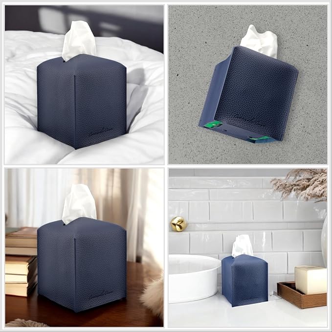 Premium PU Leather Tissue Box Holder - Elegant Hotel-Style Tissue Box Cover for Home, Office & Car Décor, Tissues Cube Organizer for a Natural & Classic Look (Blue)