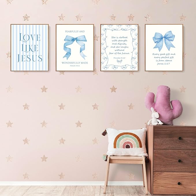 LARTSFRO Coquette Blue Bow Jesus Wall Art Decor Posters, Light Blue Bow Christian Room Bathroom Bedroom Dorm Wall Art Decor Aesthetic for College Teen Girls Gifts, Inspirational Bible Verses Bow Wall Decor, 10x8 Inch Set of 4 Bow Pictures(UNFRAMED)
