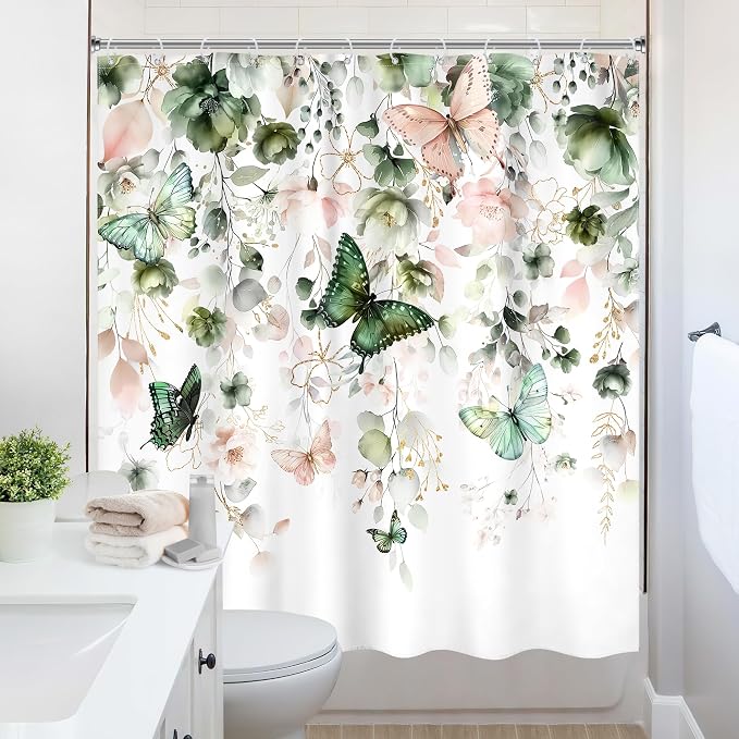 Green Pink Floral Butterfly Spring Summer Bathroom Shower Curtain Set | 72"W x 72"L Plant Natural look, waterproof HD printed shower curtain, quick-dry fabric and free hooks.