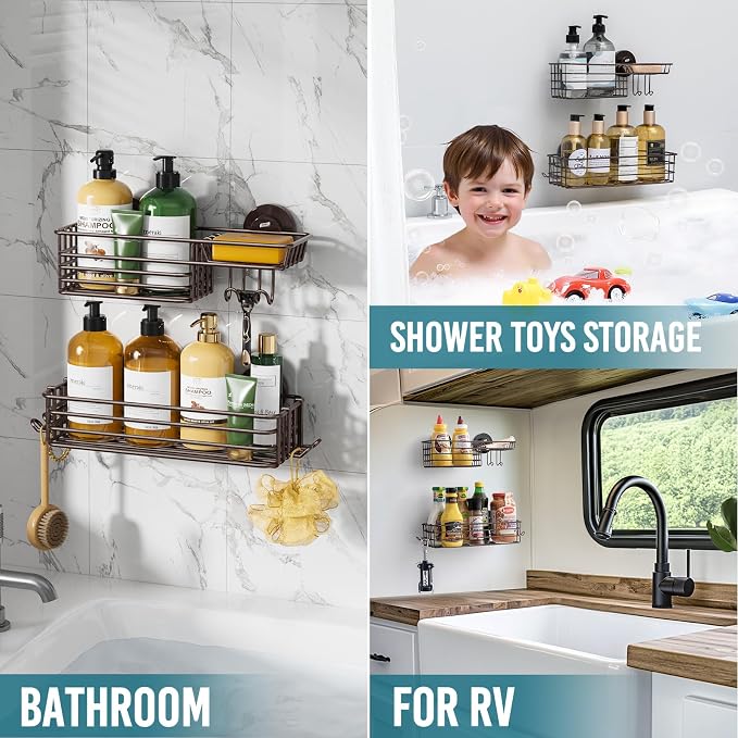 TAILI Shower Caddy Suction Cup 2 Pack with Hooks & Soap Holder, Brown | No Drilling Bathroom Organizer, Heavy Duty Shower Organizer, Metal Shower Basket