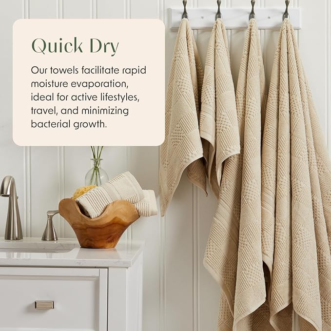 100% Cotton Bath Towel Set | 6-Piece Set | Textured | Beige | Luxury Geometric Design | Absorbent & Quick-Dry Bathroom Towels | Textured and Durable Cotton Towels for Bathroom | OEKO-TEX