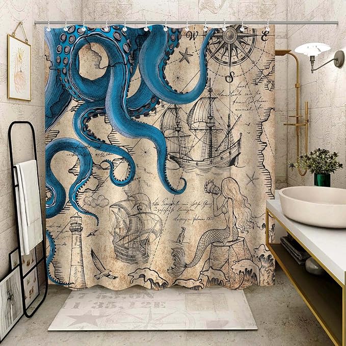 Fungarth 84 Inch Extra Long Vintage Nautical Octopus Shower Curtain Navy Blue Mermaid Funny Ocean Kraken Shower Curtains for Bathroom Cool Coastal Map Waterproof Fabric Bath Curtain (Retro, 72” x 84”)