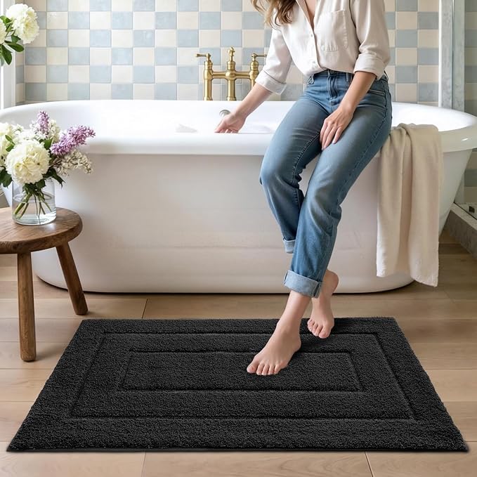 DEXI Bathroom Rugs 43x24, Non-Slip and Absorbent Bath Mat, Black | Machine Washable, Soft Plush Microfiber Bathmat with Rubber Back, Quick Dry Rug for Shower, Tub, Sink