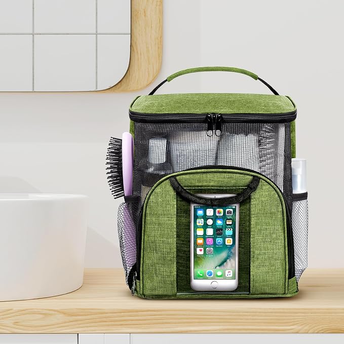 Portable Shower Caddy College Tote Bag, Quick Dry Hanging Toiletry Bag, Large Capacity Mesh Shower Caddy Portable for College Dorm Room Essentials for Boys and Girls for Bath Camping (Green) | Quick Dry, Large Capacity Haning Shower Bag for College Dor...