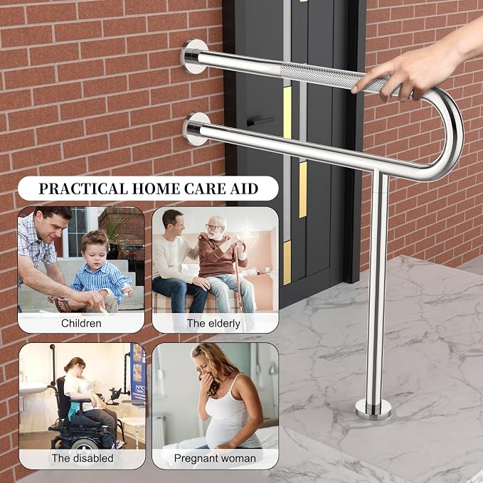 Toilet Support Rail 32 Inch, Munzong Anti-Slip Chrome Handicap Floor Rails | Bathroom Stainless Steel Knurled Safety Handrails with Leg for Elderly Disabled Pregnant-1.25’Tube