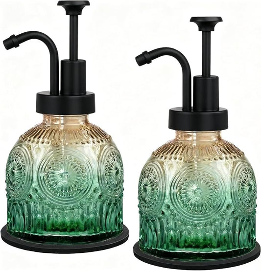 Amolliar 8 Oz Glass Soap Dispenser Plastic Black Pump,Green-Gradient,2pc | Antique Rustic Hand Soap Dispenser for Bathroom/Kitchen, Vintage/Farmhouse/Boho Style,Pump Dispenser, Refillable, Non-Slip