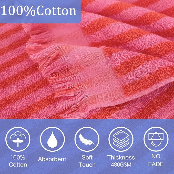 VOOVA & MOVAS Big Kids Hooded Bath Towel, 8+, 100% Cotton, Thick, Red Pink | Horizontal Stripe Design, Soft, Absorbent & Quick Dry, Perfect for Bath, Pool, Swim and Beach
