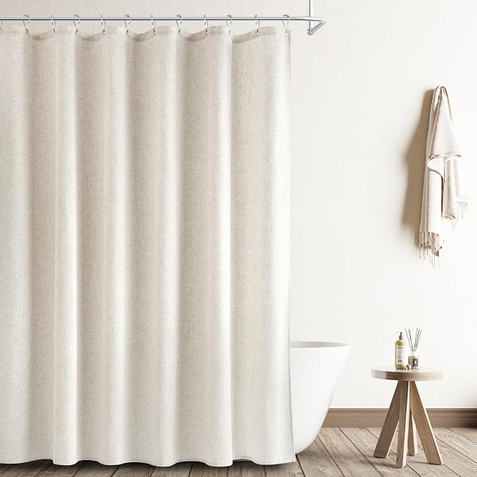 Linen Shower Curtain 76 Inch Long Weighted Thick Fabric Bath Shower Curtain Set with Hooks, XLong Tall Country Farmhouse Beige Curtains for Bathroom, 72x76