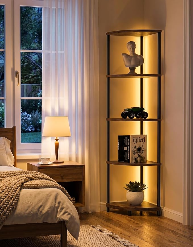 Corner Shelf with LED Light, 5 Tier Smart Color Changing Floor Lamp with Remote, 62" Display Shelf Bookshelf Narrow Storage Rack Standing Lamp for Living Room Bedroom Home Office Decor, Brown
