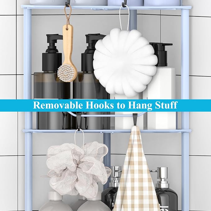 Metal Floor Standing Corner Shower Caddy, Blue, 3 Tier | Adhesive Bathroom Organizer Shelves, Free Standing Shower Rack with Hooks, Hold Large Shampoo Bottles