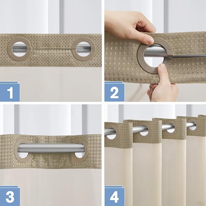 Furlinic No Hook Waffle Weave Shower Curtain with Snap in Fabric Liner,Honeycomb Textured Bathroom Curtains with See Through Top Window,Waterproof & Machine Washable,Beige,71x78 Inch