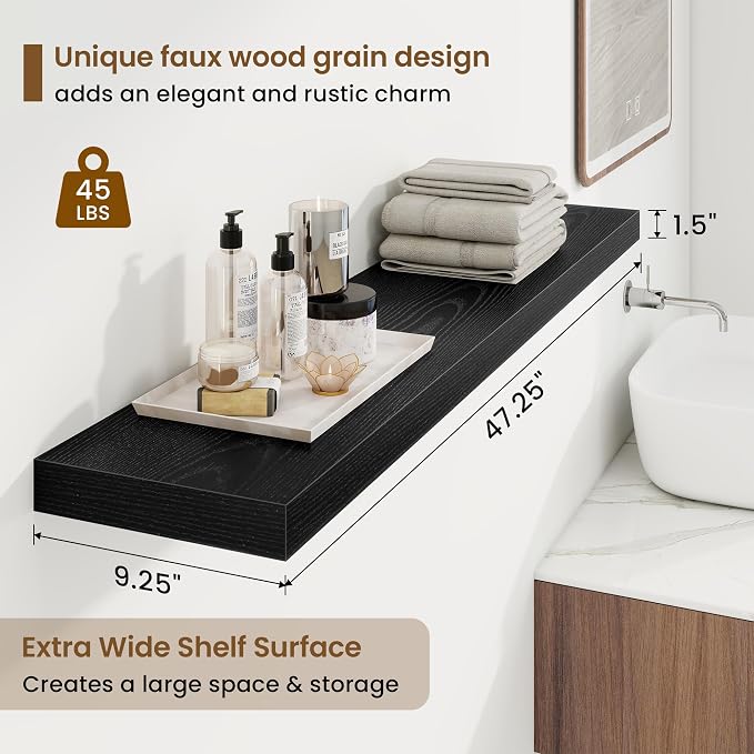 Marsmiles 9.25in Depth 48in Floating Shelves, 48x9.25x1.4, Black, Set of 2 | Long Wall Mounted Engineered Wood Shelves with Invisible Brackets for Living Room, Bedroom, Bathroom, Kitchen