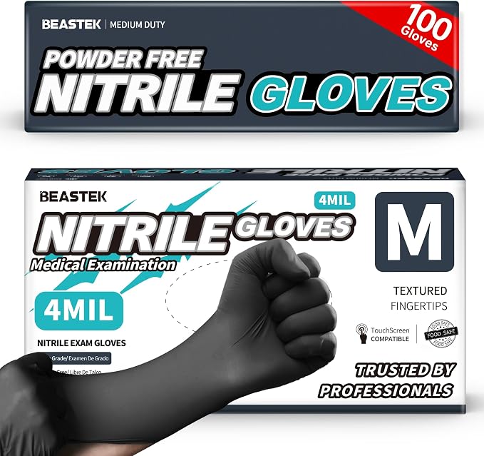 Black Nitrile Exam Gloves, 4 Mil, Powder-Free Food Prep Disposable | Soft+ • Powder-Free • Latex-Free • Medical • Examination • Cooking • Cleaning • Food Prep • Tattoo • Black • 100 Ct & 1000 Ct