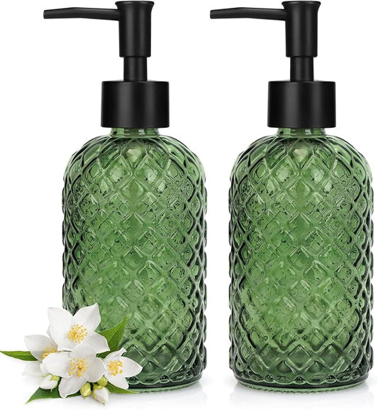 2 Pack Gem Glass Soap Dispenser with Black Plastic Pump, 13oz Liquid Hand Soap Dispenser, Rustproof Pump for Kitchen & Bathroom, Great for Lotions, Essential Oil, Liquid Soaps-Army Green