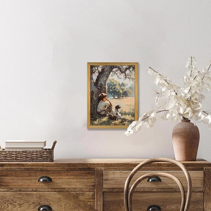Wood Framed Canvas Wall Art, Vintage Boy and Dog Painting Poster, Countryside Pastoral Landscape Print Picture, Rustic Farmhouse Wall Decor for Living Room Bedroom Nursery 8x10 inch