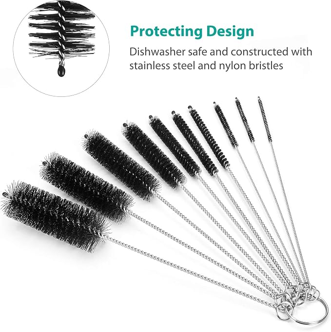 CiaraQ Bottle Cleaning Brushes, 8 Inch Nylon Tube Brush Set | Black Cleaner for Narrow Neck Bottles Cups with Hook, Set of 10pcs