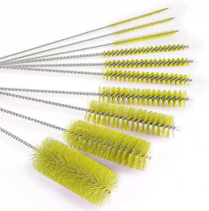 CiaraQ Bottle Cleaning Brushes, 8 Inch Nylon Tube Brush Set | Yellow Cleaner for Narrow Neck Bottles Cups with Hook, Set of 10pcs.