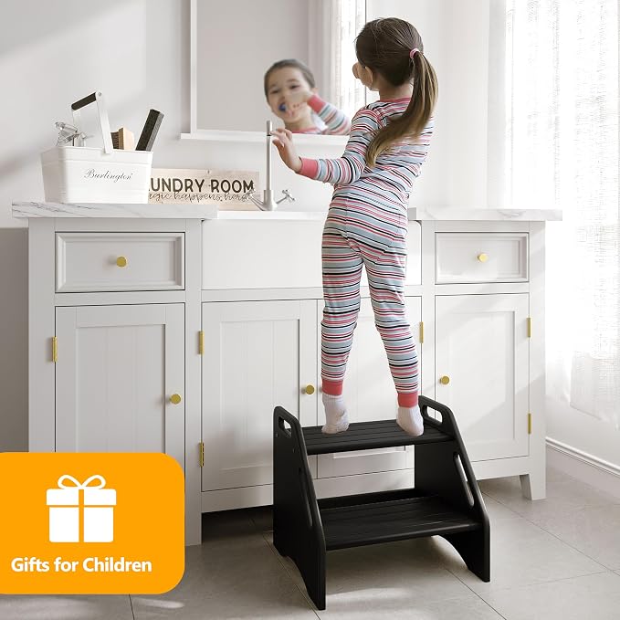 AMBIRD Wooden Step Stool - Two-Step 300 lbs Capacity With Safety Non-Slip Pads and Handles, Bamboo for Bathroom, Kitchen, Dual Height for Adults (Black)