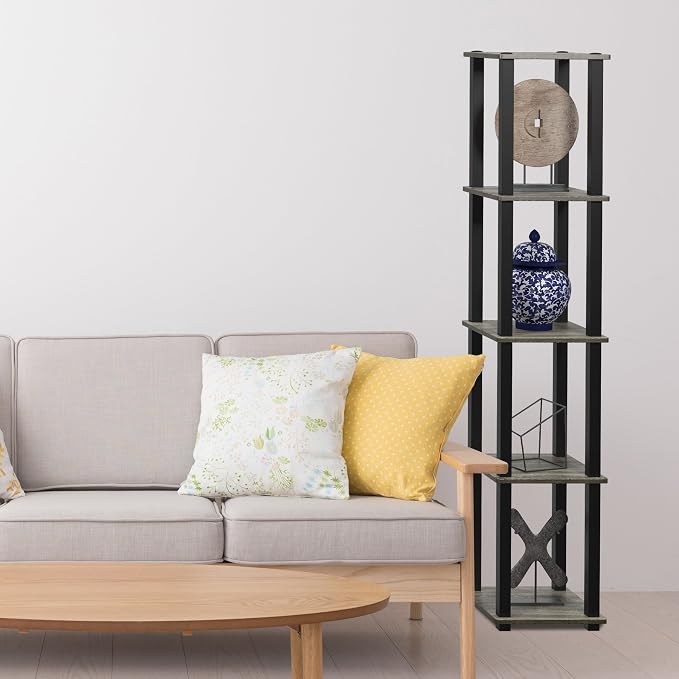 FURINNO Turn-S-Tube 5-Tier Corner Square Rack Display Shelf, French Oak Grey/Black | Open Frame, Corner Shelf, Free Standing Open Shelves, for Organization and Storage, Living Room, Garage, Home Office