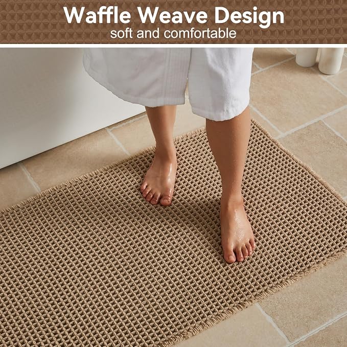 Triohero Waffle Bath Mat, Boho Bathroom Rugs Non Slip Washable, Ultra Soft Super Absorbent Quick Dry Farmhouse Bathroom Decor, 20" x 30", Khaki