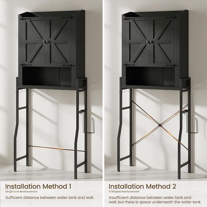 Over The Toilet Storage Cabinet with 2-Door & Metal Stand, Black | Toilet Paper Holder, 3 Extra Hooks, Anti-Tipping Device, With Adjustable Shelves, for Bathroom, Restroom, Laundry
