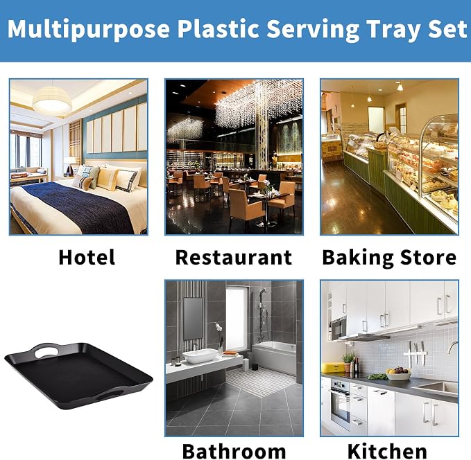 Plastic Tray with Handles, 2 Pack Multi-Purpose Rectangular Non Slip Restaurant Serving Trays Set for Parties, Coffee Table, Kitchen (12.2x16 inch) | Non-Slip Surface, Raised Edges, Lightweight Build, Easy Carrying, Restaurant, Coffee Table and Party Use