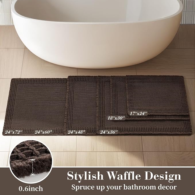 RESARE Waffle Bath Mat for Bathroom Non Slip Bathroom Rugs 17x24 Dark Brown | Absorbent Boho Bathroom Floor Mats Machine Washable Quick Dry, Soft Solid Bath Rugs with Tassels, Ideal Farmhouse Home Decor