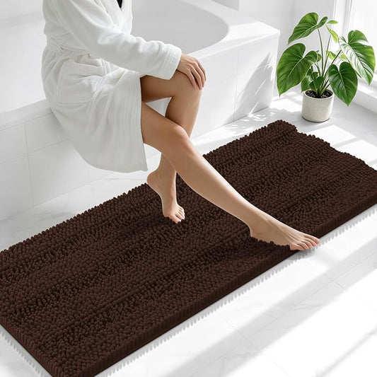Smiry Thick Chenille Bathroom Runner Rugs 47x20, Absorbent Bath Mat, Brown | Quick‑Dry & Machine Washable, Non‑Slip Bath Carpet, Soft Striped Bath Rugs for Tub & Shower, Modern Home Decor Accessories