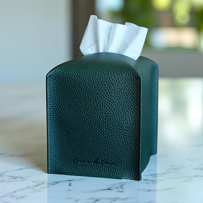 Premium PU Leather Tissue Box Holder - Elegant Hotel-Style Tissue Box Cover for Home, Office & Car Décor, Tissues Cube Organizer for a Natural & Classic Look (Dark-Green)