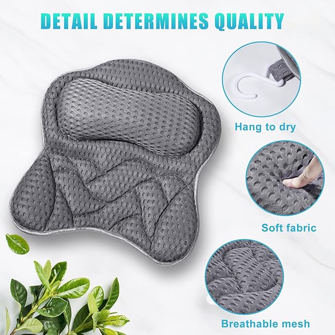 Bath Pillow, Tub Pillow for Bathtub with Strong Non-Slip Suction Cups and Comfortabl 3D AirMesh Bath Pillow for Women &Man
