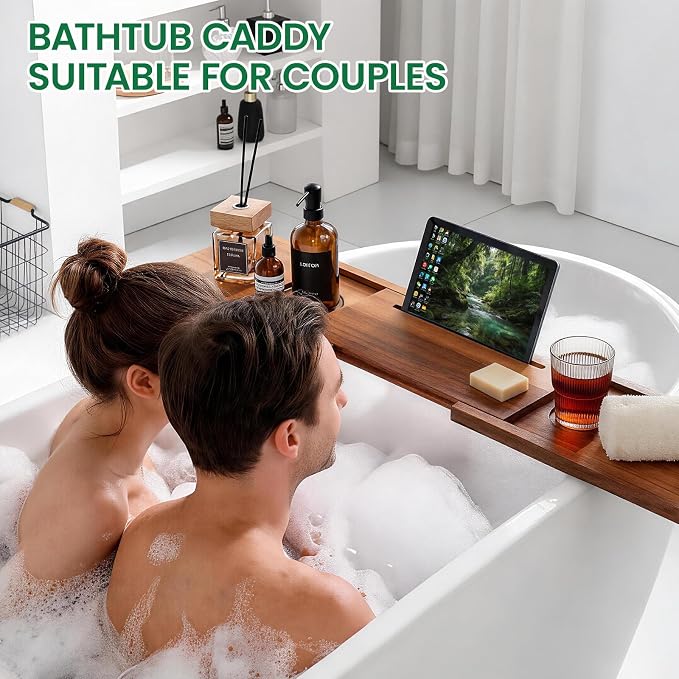 Adjustable Bathtub Tray with Accessories Holder, 32-42 Inches Wood Bath Tray for Tub