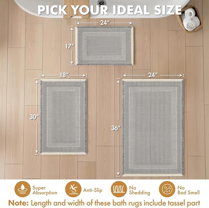 MIULEE Set of 2 Waffle Bathroom Rugs Lightgrey & Cream 17x24+18x30 in | Boho Looped Design, Super Absorbent, Non Slip, Washable, Ultra Soft, Rubber Backed, Bathroom Mats for Floor Tub Shower