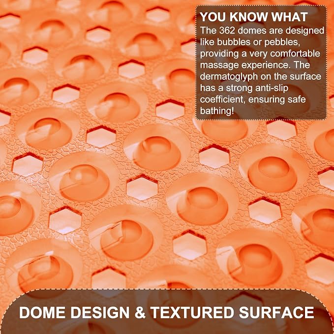 TEESHLY Bath Tub Shower Mat, Non Slip Bathtub Floor Liner Mats with Suction Cups and Drain Holes, Machine Washable Bathmat for Bathroom Floor Safety, 40 x 16 Inch, Clear Orange