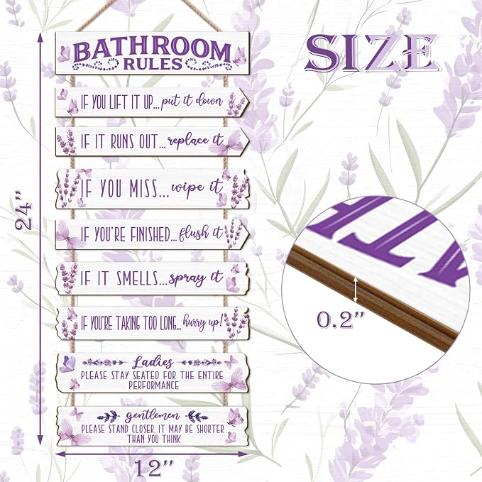 Bathroom Wall Decor Funny Bathroom Signs Bathroom Rules Pictures Wall Art Decor Rustic Farmhouse Toilet Decor Wooden Sign (Lavender)