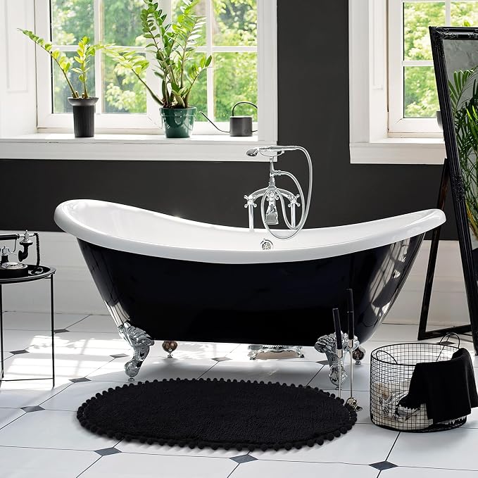 YIRDDEO Oval Rug for Bathroom, Cute Boho Bath Mat with Pom, Black | Soft Plush, Absorbent, Quick Dry, Machine Washable, Non Slip Bath Mat for Bathroom Shower Floor Home Decor