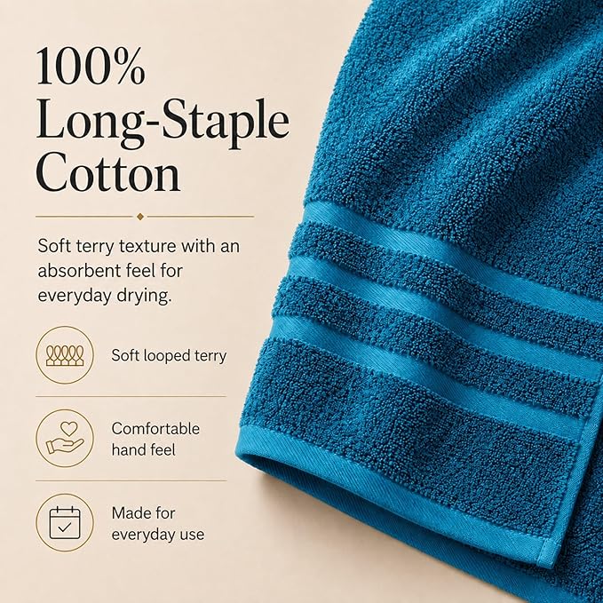 Velqora Bath Towels, 4 Pack, 30x60 in, 100% Cotton, Soft & Absorbent, Blue | Balanced Weight | Everyday Comfort | Easy Care