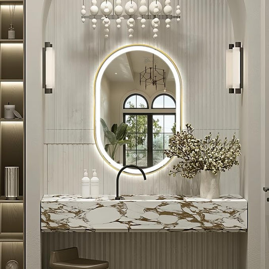 Oval LED Bathroom Mirror, Backlit + Front Lit Mirror Old Gold Frame | 3 Color Dimmable, Anti-Fog, 36"x24", Memory Function, Shatter-Proof, HD Glass, Pill-Shaped Mirror, Vertical or Horizontal