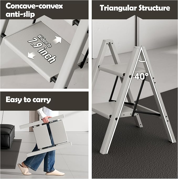 Taranta 2 Step Stool Foldable,Aluminum Step Ladder-Misty Gray | Lightweight,Wide Anti-Slip Pedals,Folding Step Stool,330lbs Capacity for Household,Kitchen,Office