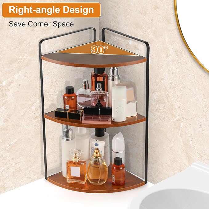3 Tier Corner Bathroom Counter Organizer, Red Brown | Countertop Sink Organizer Rack, Wooden and Metal Counter Shelf, Space Saving Corner Bathroom & Vanity