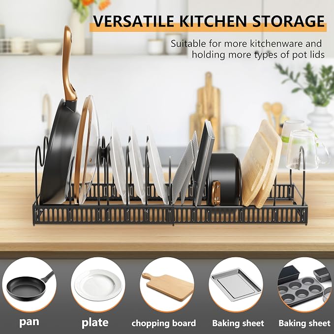 Pots and Pans Organizer Rack for Under Cabinet Expandable Pot Lid holders inside Organizer 10 Adjustable Divider Pan organizer 11.81''-22.85'' Pan lid organizer for cabinet Organizer for Bakeware