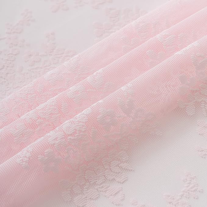 TUDECO Pink Lace 36 x 72 Shower Curtain with Attached Valance | for Narrow Bathroom, Vintage Floral, Sheer, Feminine Cute Decor, Soft Natural Light, Scalloped Edges, Reinforced Holes