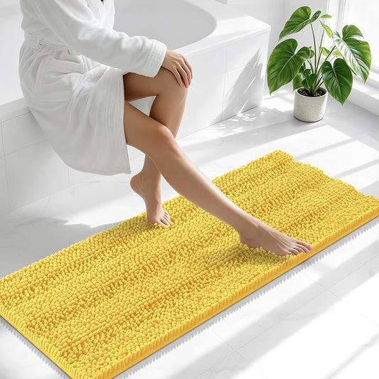 Smiry Thick Chenille Bathroom Runner Rugs 44x24, Absorbent Bath Mat, Yellow | Quick‑Dry & Machine Washable, Non‑Slip Bath Carpet, Soft Striped Bath Rugs for Tub & Shower, Modern Home Decor Accessories