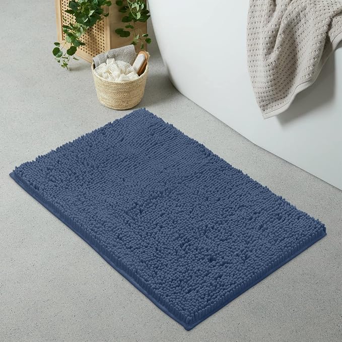 LuxUrux Ultra-Soft Chenille Bath Mat - Plush Microfiber Bathroom Rug, Super Absorbent & Quick-Dry, Cozy Shaggy Design, Machine Washable (24 x 36 inches, Medium Blue)