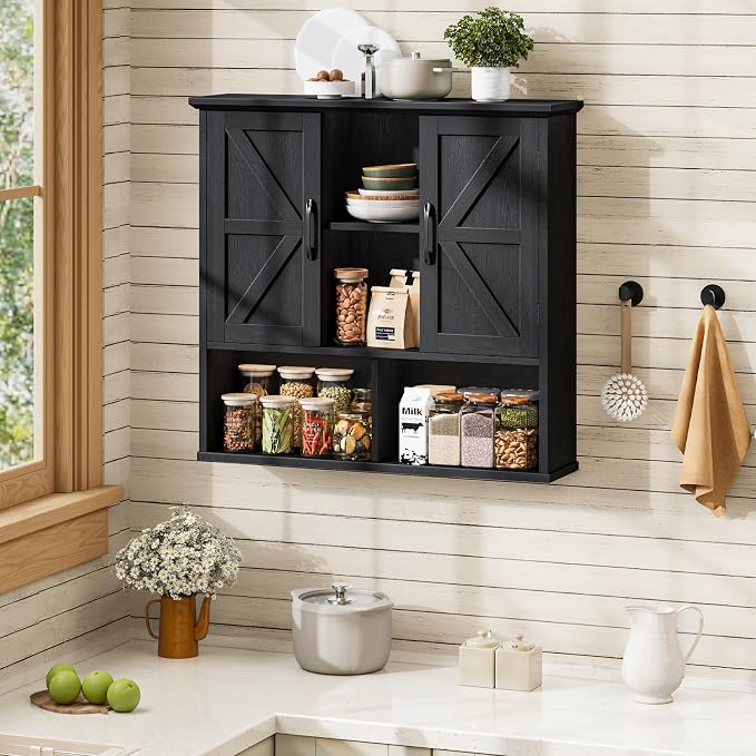 Vabches Bathroom Wall Cabinet, Farmhouse Medicine Cabinet with Double Barn Door and Adjustable Shelves, Wooden Vintage Storage Cabinet Wall Mounted for Bathroom, Kitchen Dining, Rustic Black