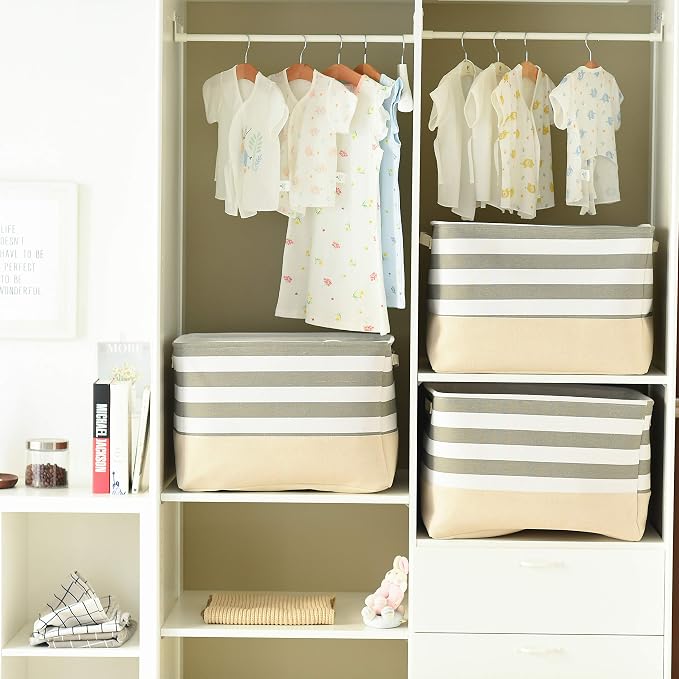 Jumbo Storage Bins Baskets, Sturdy Fabric Organizing Basket W/Handles, Decorative Foldable Storage Baskets for Shelves Closet Nursery Toy (Grey&White Stripes 3 Pack, 20.5Lx15.7Wx13.8H in)